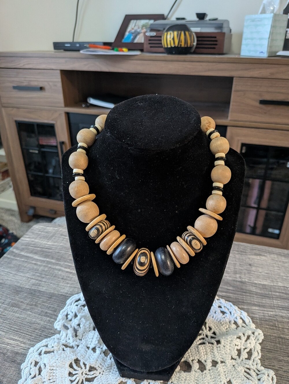 Dauplaise 1970's Wooden Black and Tan Bead Necklace